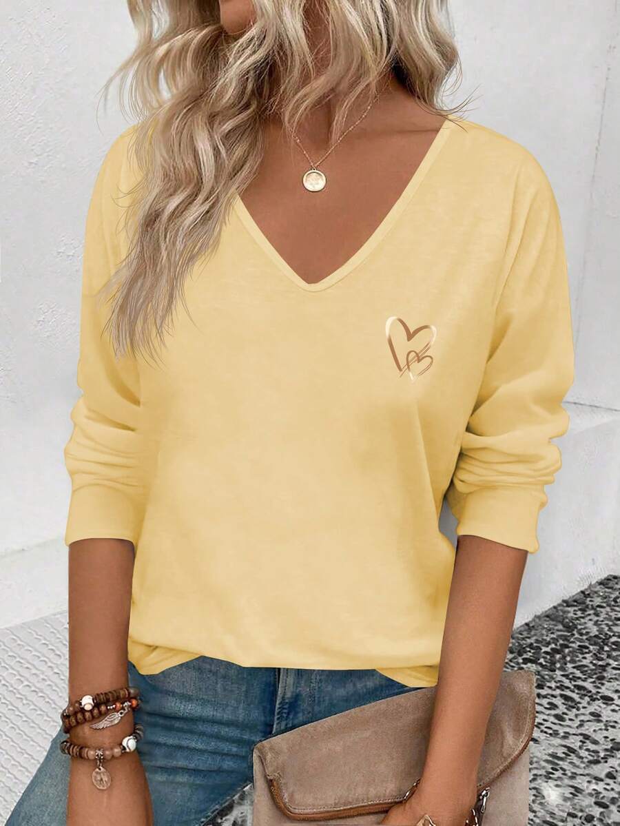 EMERY ROSE Women's Casual Heart Print V-Neck Long Sleeve Versatile T-Shirt, Autumn/Winter - Yellow - View 1