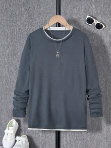 SHEIN Mirajuku 青少年（男孩）撞色领休闲T恤，春秋季 - 深灰色 - 查看 7