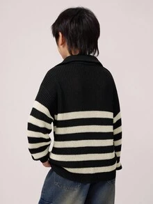一件装，适合青少年男孩休闲运动学院风复古圆领毛衣，厚实扭纹面料，适合儿童返校、生日派对、晚宴、演出、婚礼、洗礼、开幕式等场合，日常穿着舒适，适合上学、旅行、运动，也适合秋冬季节。 - 黑與白 - 查看 2