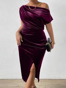 Auvina 优雅大码女式丝绒连衣裙 - 中紫紅色 - 查看 3