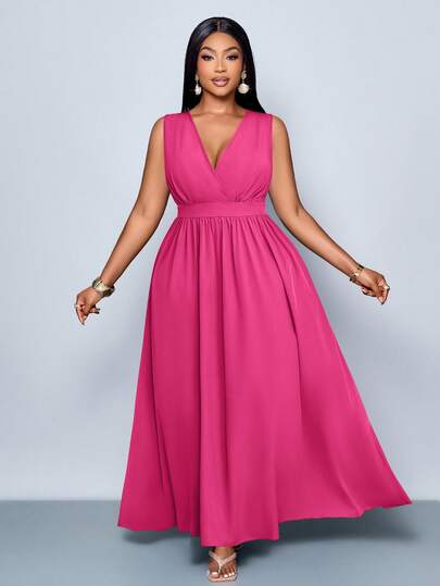 SOLERSUN Plus Size New Spring And Summer Fashion Solid Color Cross Deep V Neck Long Casual Loose A-Line Dress, Simple Clothing For All Seasons, Casual Loose Long Skirt, Daily Commuting Travel Seaside Holiday Casual Dress