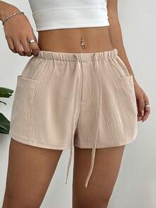 Flirla 女士休闲裤，侧边口袋，抽绳腰带，简约百搭，适合日常穿着，夏季款 - 杏色 - 查看 3