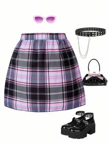 SHEIN ChillGRL 带蝴蝶结装饰的 Tween 女孩粉色格子迷你裙