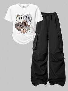 SHEIN ChillGRL 2 件套青少年女孩字母印花圆领 T 恤 + 工装裤，休闲街头风格 - 黑色 - 查看 7