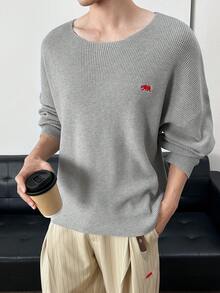Manfinity BRENVOR Men's Oversized Crew Neck Drop Shoulder Long Sleeve Loose Pullover Waffle Knit Sweater, For Spring - Grey - View 2