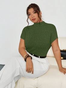 Firerie Atasan Rajut Kasual Lengan Pendek Kerah Tegak Model Batwing Warna Polos untuk Wanita Ukuran Plus, Cocok untuk Musim Semi hingga Musim Panas - Hijau - View 7