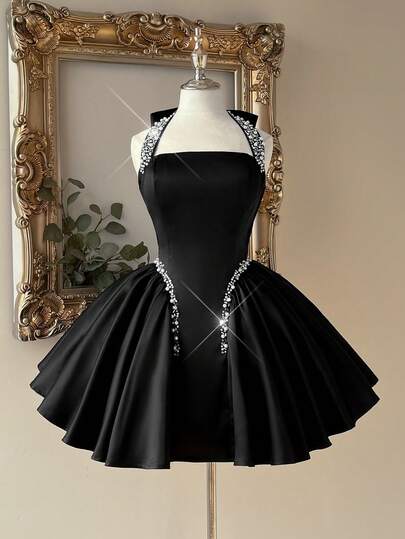 Lovelzi Elegant, , Fashionable Black Satin Rhinestone Decor Halter Neck Party Dress, Formal Evening Gown, Wedding Guest Maxi Single Prom