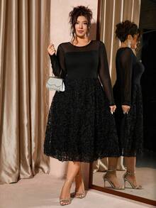 Cravure Plus Size Women Crew Neck Long Sleeve 3D Floral Mesh Hem Elegant Dress - Black - View 4