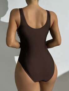 SHEIN Swim 1件装女士条纹印花圆领宽肩带简约休闲连体泳衣 - 咖啡棕 - 查看 5