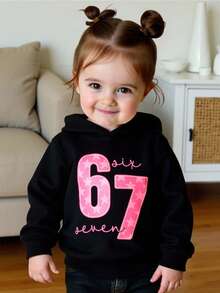 Baby Girls' Numeric Print Hooded Long Sleeve Sweatshirt, Suitable For Casual Occasions Like Daily Wear, Outings, Travel, Fits 6 Months To 2-3 Years Old, Autumn/Winter - Black - View 3