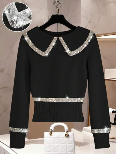 Franclia Women's Elegant Sequin Embellished Collared Long Sleeve Slim Fit Solid Color Pullover Sweater, Plus Size, Autumn/Winter
