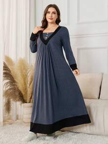 Lacomfia Plus Size Color Block Loose A-Line Dress With Decorative Buttons - Blue - View 4