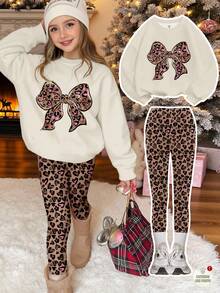 SHEIN Leap Crew 两件套少女休闲宽松加厚柔软舒适圆领长袖卫衣和打底裤，象牙色，豹纹亮片蝴蝶结图案，适合秋冬季穿着 - 彩色 - 查看 4