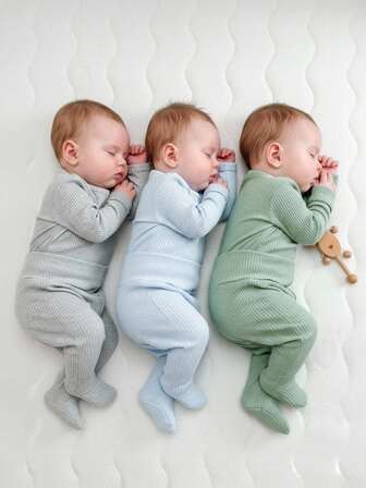 6pcs/Set Newborn Simple Elegant Light Blue, Light Green, Light Gray Combo Long Sleeve Romper And Pants Comfy Pajamas Fall Winter