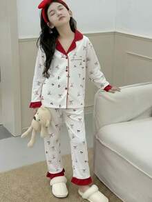 SHEIN 2pcs Young Girl' Sweet Cherry & Bow Print Long Sleeve Cardigan And Pants Set, Casual And Comfortable Loungewear - Multicolor - View 3