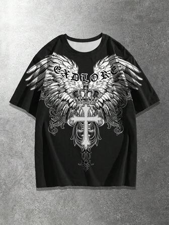 Goth تي شيرت رجالي بقصة عادية مطبوع عليه صليب وتاج وأجنحة