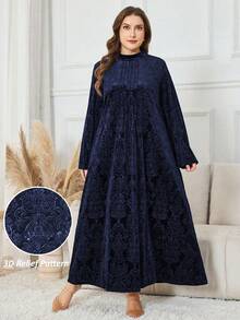 Lacomfia 大码女式3D立体压纹天鹅绒长裙，秋冬款 - 藏蓝色 - 查看 1
