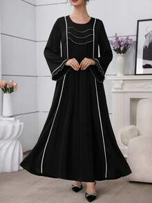 Al Najma 女士秋冬撞色褶皱优雅阿拉伯风格连衣裙 - 黑色 - 查看 5
