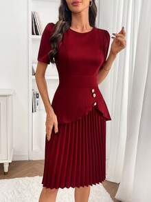 Ellevyn Váy xếp ly màu đỏ cho nữ, tay ngắn màu trơn, thiết kế bất đối xứng, khóa kim loại trang trí, thanh lịch để mặc hàng ngày và đi làm, đầu xuân - Màu Đỏ Sâu - Xem 6