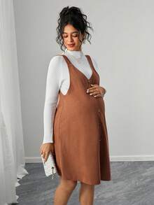 SHEIN Abito casual elegante da donna incinta con scollo a V, colore unito, spalline larghe e bottoni frontali