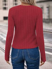 Chiquease Women's Solid Color Ribbed Crew Neck Fitted Long Sleeve T-Shirt - Red - View 2