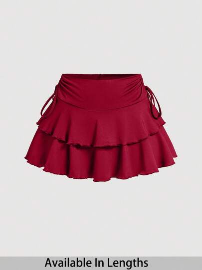 SHEIN PETITE CURVE Drawstring And Fold Detail Solid Color Cake Skirt