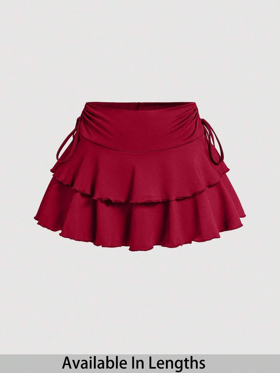 SHEIN PETITE CURVE Drawstring And Fold Detail Solid Color Cake Skirt - Red - View 1