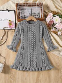 SHEIN 1pc Girls Sweater Dress, Sweet Style, Classic Cable Knit, Round Neck, Frill Trim On Sleeves And Hem, Waist Cinched, White Elegant Knit Dress, Suitable For Outings, Home, And Casual Wear, Spring/Autumn - Grey - View 1