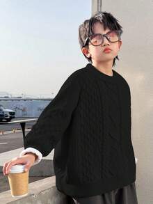 SHEIN Tween Boy Textured Crew Neck Sweater,Back-To-School Plain Black Casual School Autumn Korean Style Versatile Commute Daily Wear Suitable For Sports - Black - View 6