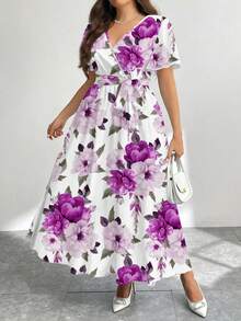 Modelyn Casual Retro Floral Pattern Loose Plus Size Dress, Suitable For Autumn/Winter Boho Suitable For Going Out Chic Dress - Multicolor - View 1