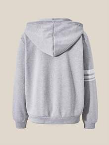 SHEIN Explorewe Teen Girl Solid Color Hooded Fleece Sleeve Striped Sweatshirt, Autumn/Winter - Grey - View 5