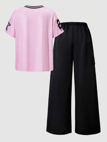 SHEIN ChillGRL Bộ 2 món thời trang xuân hè thu thường ngày cho bé gái tuổi teen, áo phông rộng cổ chữ V in họa tiết sọc và quần ống đứng túi hộp mát mẻ - Hồng - Xem 2