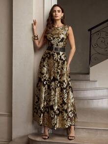 ZEYLAH 女士优雅印花圆领无袖A字连衣裙 - 黑金色 - 查看 7