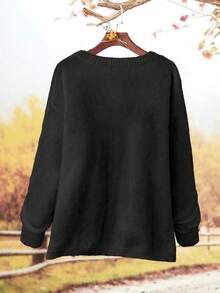 EMERY ROSE Plus Size Women Solid Color Knitted Round Neck Maple Leaf Sequin Embroidery Long Sleeve Regular Elegant Pullover Sweater, Autumn/Winter - Black - View 2