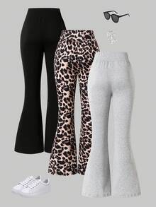 SHEIN ChillGRL 3 件套女童豹纹简约黑色紧身喇叭裤，适合春夏秋季的百搭休闲装 - 彩色 - 查看 2
