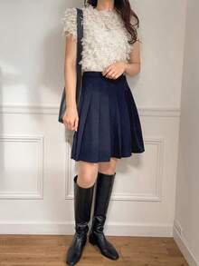 FRIFUL 女士黑色A字褶裥中长裙，学院风，夏季服装 - 藏蓝色 - 查看 2