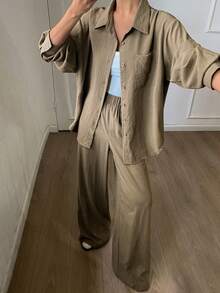 女士两件套：纯色宽松翻领长袖衬衫和直筒裤，休闲优雅，秋冬女士家居服套装 - 棕色 - 查看 5