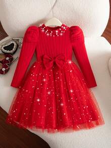 Glamorique Kids 1件装 女童秋冬新款高领泡泡袖串珠设计腰带蝴蝶结串珠星月网纱下摆优雅红色罗纹面料派对生日通勤薄纱公主裙 - 紅色 - 查看 8