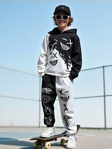 2pcs Boys' Funny Cartoon Print Black Hoodie Sweatshirt And Slim Fit Pants, Suitable For Halloween, Holidays, And Versatile Daily Wear Fall Winter - Black and White - View 1