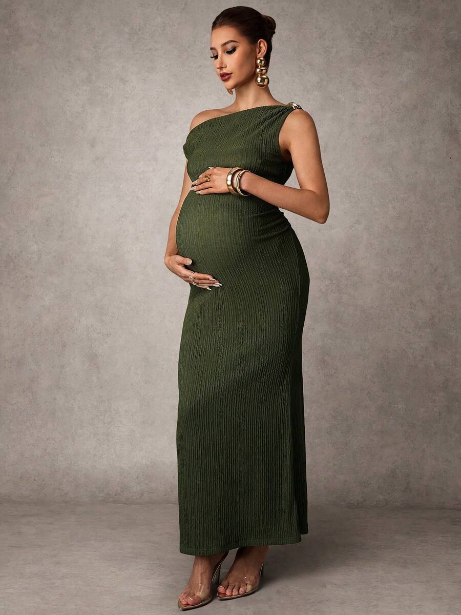 MaterniChic 孕妇休闲斜肩无袖长裙 - 軍綠色 - 查看 1