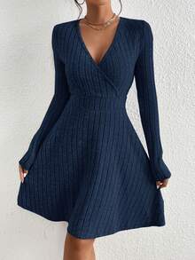 SHEIN Frenchy Solid Color Cross Wrap Raglan Sleeve Waist Fitted Ribbed Elegant Long Dress Casual Spring Blue - Navy Blue - View 4