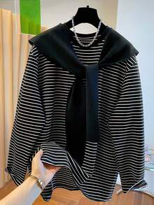 SHEIN Maglione poncho a maniche lunghe da donna casual, vintage, minimalista, romantico, a blocchi di colore e righe, taglie comode - Bianco e nero - Visualizzare 5