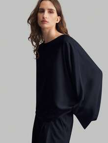 Ontre Women's Satin Off-Shoulder Oversized Sleeve Minimalist Elegant Business Casual Blouse, Autumn/Winter - Navy Blue - View 6