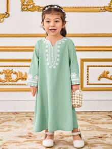 Baby Girl Loose Casual Minimalist Long Sleeve Pattern Long Dress - Green - View 3