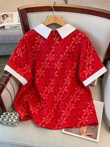 Plus Size Contrast Color Collar Short Sleeve Jacquard Print Blouse Valentine's Day - Red - View 2