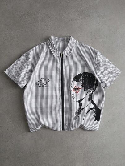 PAVTROS Men's Figure & Plaid Print Zip Collar Casual Short Sleeve Shirt,Streetwear,Baggy,For Men,Couple,Graphic,I Love My Boyfriend,Friends,Matching,,Boyfriend