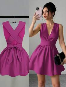 Franclia 女士浪漫优雅性感婚礼宾客纯色交叉 V 领无袖 A 字迷你连衣裙，演唱会服装百搭设计，适合海滩、派对、春夏口袋晚礼服露背奶油黄短裙 - 紫色 - 查看 7