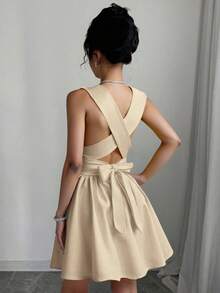 Franclia 女士浪漫优雅性感婚礼宾客纯色交叉 V 领无袖 A 字迷你连衣裙，演唱会服装百搭设计，适合海滩、派对、春夏口袋晚礼服露背奶油黄短裙 - 杏色 - 查看 4