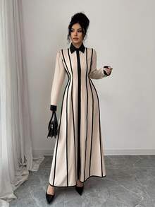 SHEIN Elenzya Elegant Romantic Commuting Professional Color Block Shirt Collar Dress - Apricot - View 3