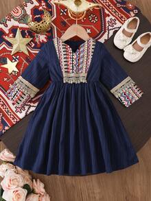 SHEIN Baby Girl Casual Retro Pattern Dress, Suitable For Spring, Summer, Autumn, Home, Outdoor, Holiday, Party, Daily Wear - Multicolor - View 3